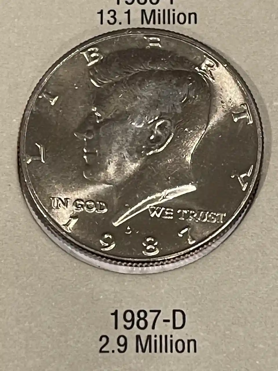A close-up photo of a 1987-D Kennedy half-dollar coin, showing the profile of John F. Kennedy with 'IN GOD WE TRUST' and the…