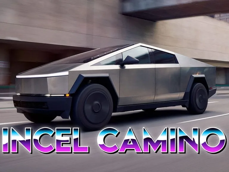 A silver, angular, futuristic pickup truck, resembling a Tesla Cybertruck, is shown driving on a city street with motion…