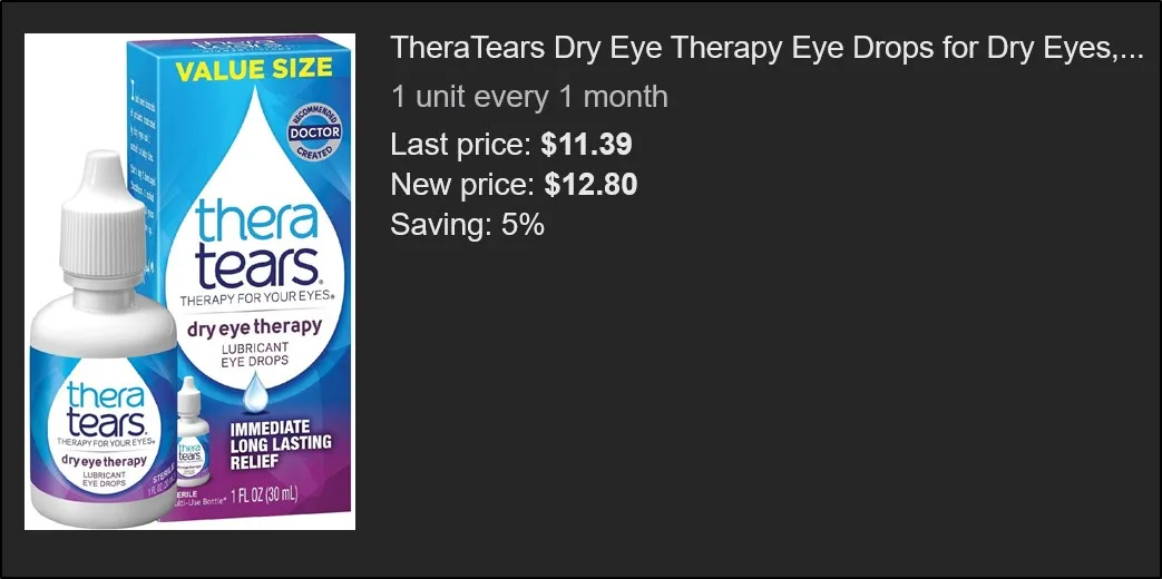An image of TheraTears dry eye therapy eye drops with its packaging, next to text showing a price increase from $11.39 to…