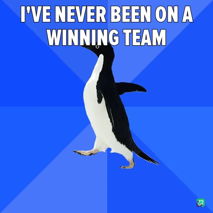 A black-and-white penguin stands on a blue background with diagonal stripes, looking upward and to the side. The text…