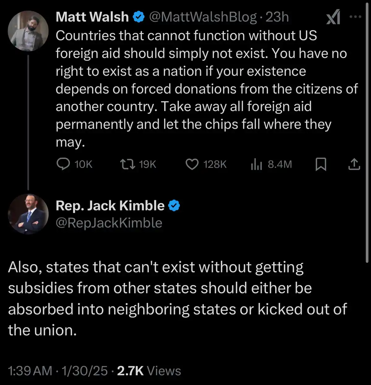 A screenshot of two tweets: the first by Matt Walsh calling for countries dependent on U.S. foreign aid to cease to exist…