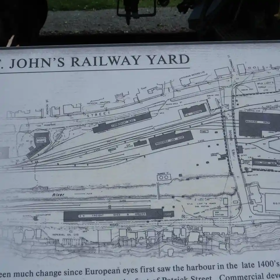 A historical map of St. John's Railway Yard showing tracks, buildings, and surrounding streets like Patrick Street and the…