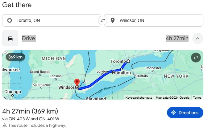 A Google Maps screenshot showing a driving route from Toronto, ON to Windsor, ON, which is 369 km and takes 4 hours 27…