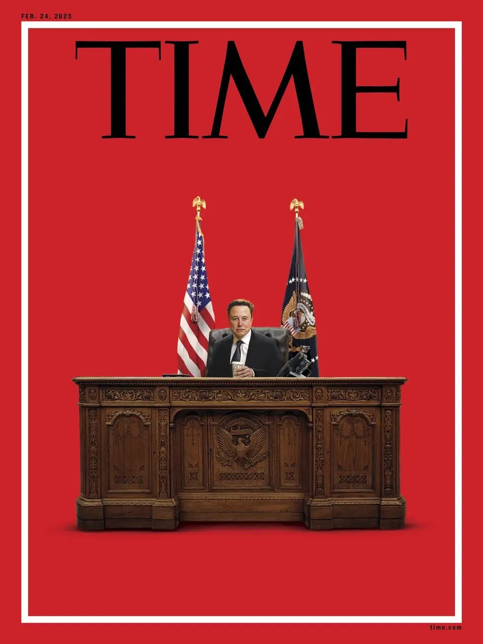 A digitally altered image mimicking a TIME magazine cover dated feb. 24, 2025, featuring elon musk seated at a presidential…