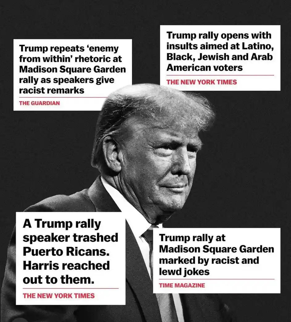 A black-and-white photo of Donald Trump with four newspaper headlines overlaid, reporting on his rally at Madison Square…