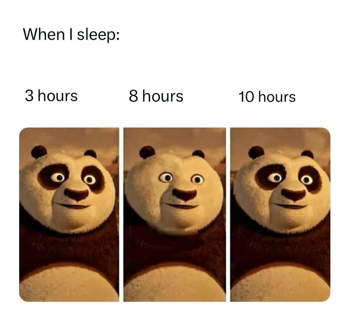 The image displays three panels of the animated character Po from Kung Fu Panda, each showing a progressively more tired or…