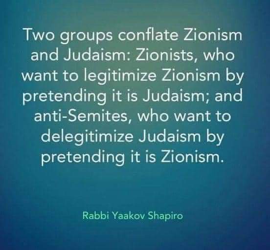 A solid blue gradient background displays white text quoting Rabbi Yaakov Shapiro, stating that two groups conflate Zionism…