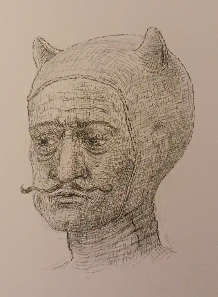 A pencil sketch of a man with a mustache and devil horns, looking directly at the viewer with a serious expression. The text…
