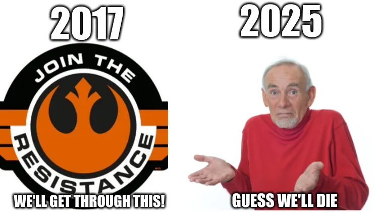 The image is split into two halves. Left side shows the Resistance logo from Star Wars with text 'JOIN THE RESISTANCE' and…