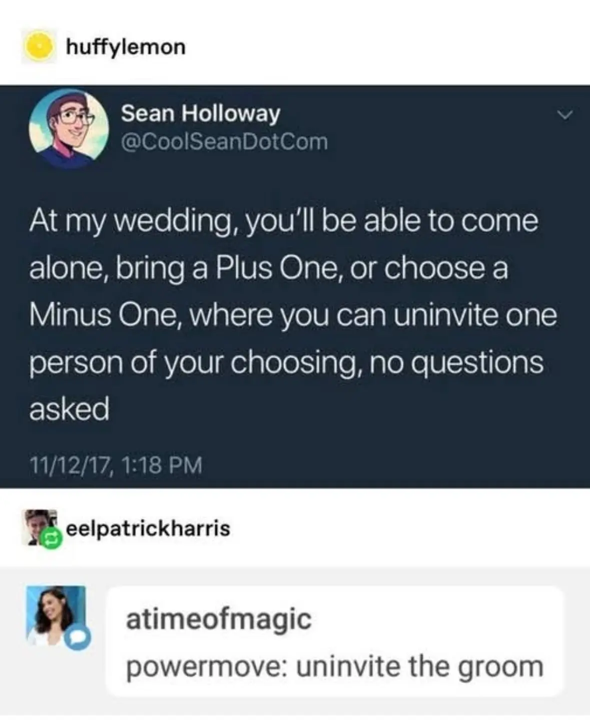 A screenshot of a Twitter thread shows Sean Holloway proposing a wedding invitation option called 'Minus One,' allowing…