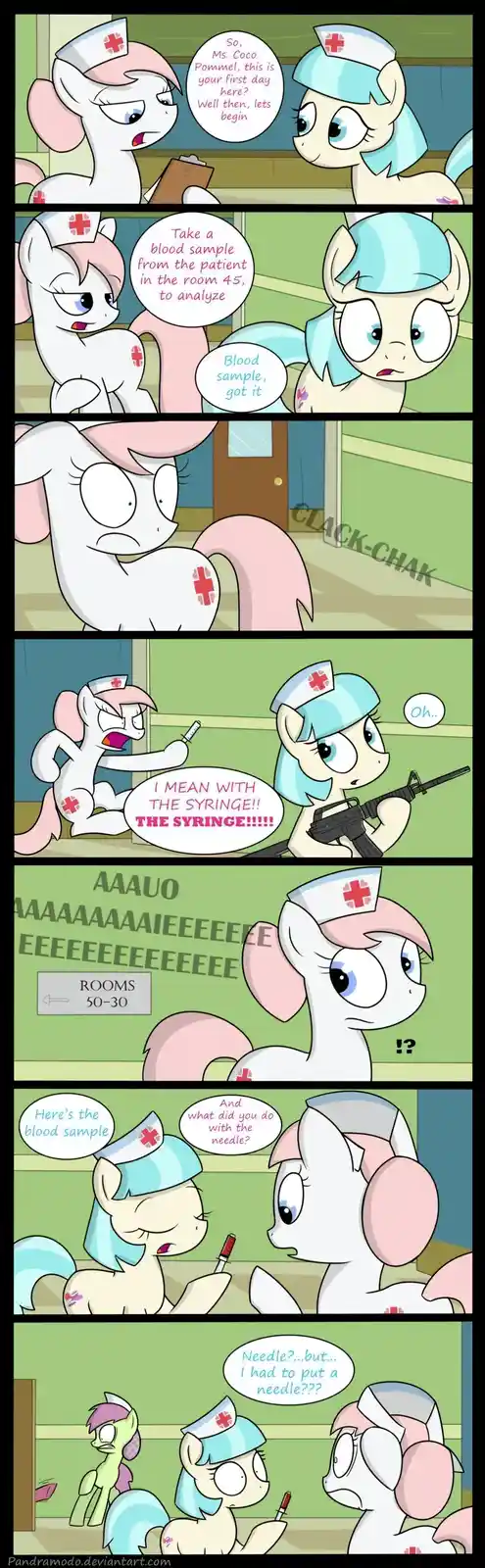 A comic strip featuring two nurse ponies in a hospital setting. The new nurse, Coco Pommel, is instructed to take a blood…
