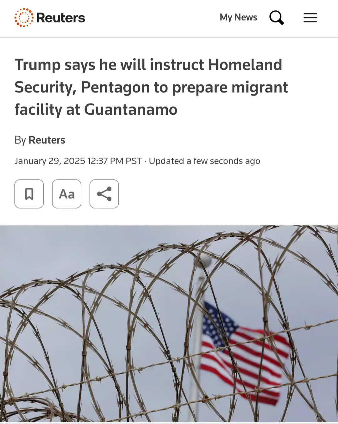 A screenshot of a Reuters news article dated January 29, 2025, with the headline 'Trump says he will instruct Homeland…