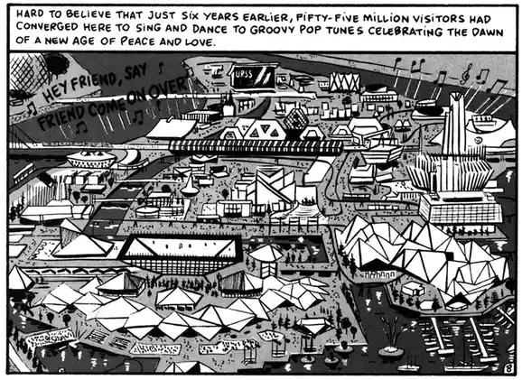 A black-and-white comic panel depicts a futuristic, utopian cityscape with geometric buildings, musical notes, and a sign…