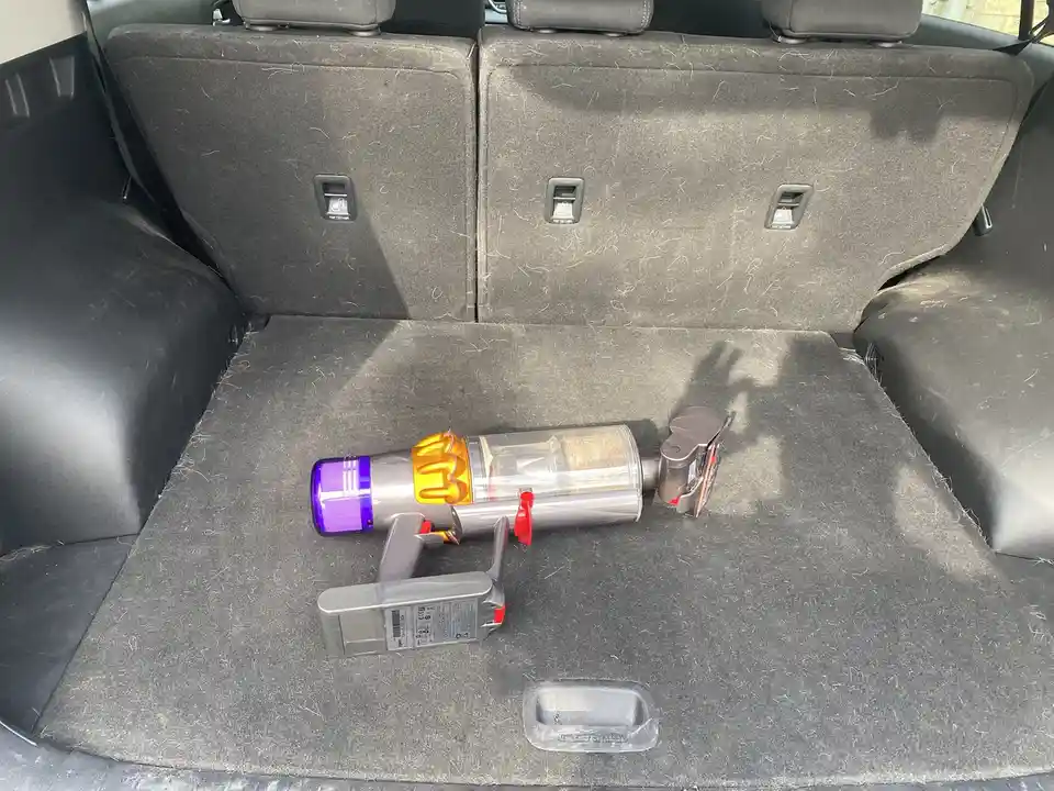 The image shows the back of a car's interior with the rear seats folded down, revealing a gray carpeted floor covered in pet…