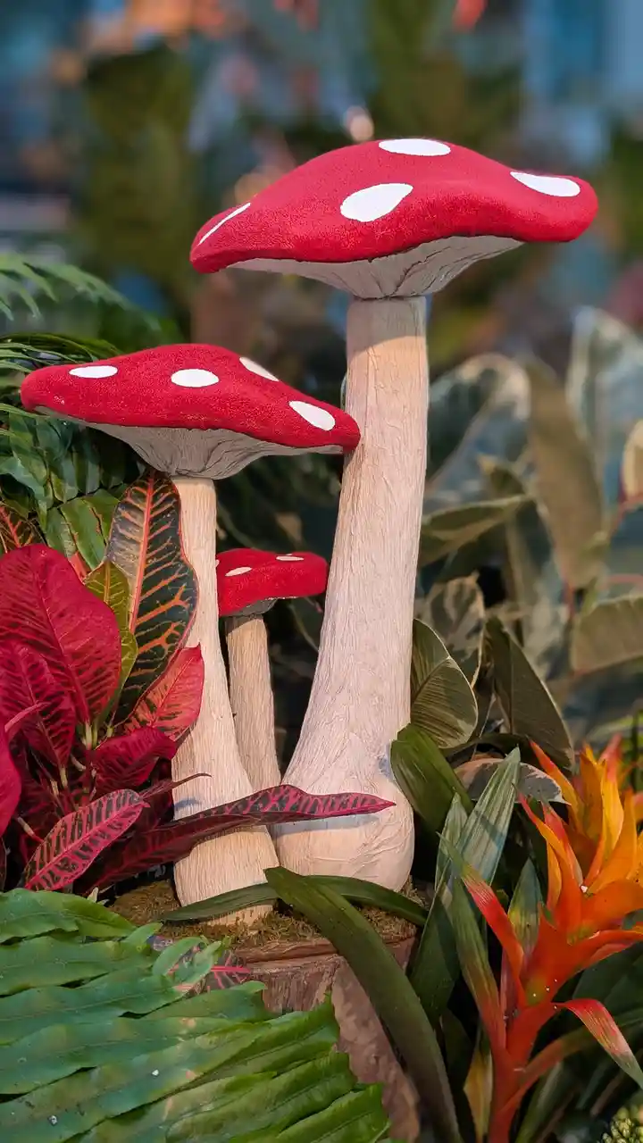 The image shows three decorative, oversized red-and-white spotted mushrooms resembling fly agaric, set among lush green and…