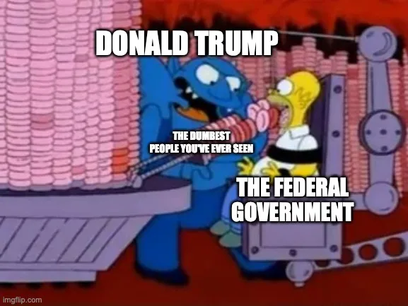 A blue, monstrous creature labeled 'DONALD TRUMP' is shown violently biting into a yellow cartoon character labeled 'THE…