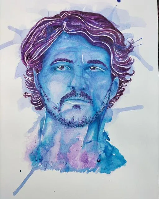 A watercolor portrait of a man with wavy purple hair and a beard, rendered in shades of blue and purple with splattered…