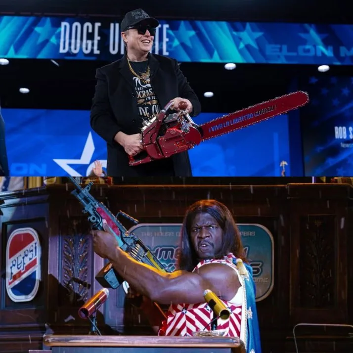 The top panel shows Elon Musk smiling while holding a red chainsaw with the text 'I VIVA LA LIBERTAD CHAINSAW!' written on…