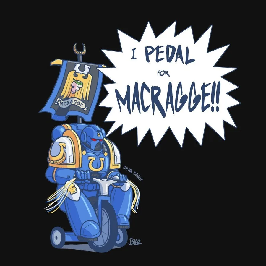 A cartoon Space Marine in blue power armor rides a small blue scooter, holding a flag with a golden eagle and the word…