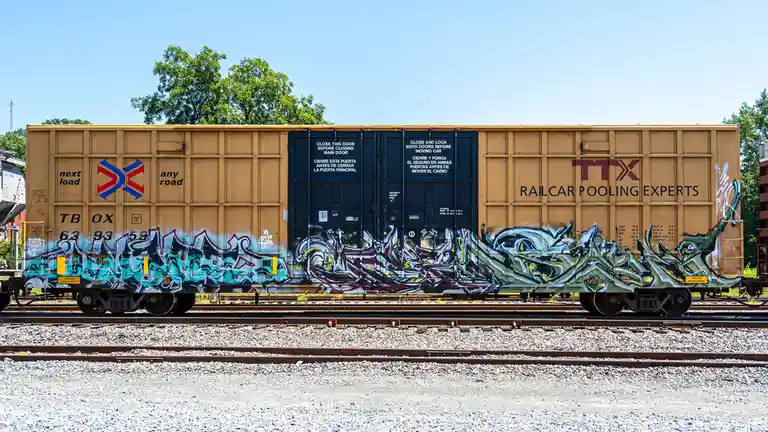 A tan freight train car with graffiti along its lower half sits on tracks under a clear blue sky. The car has black doors…