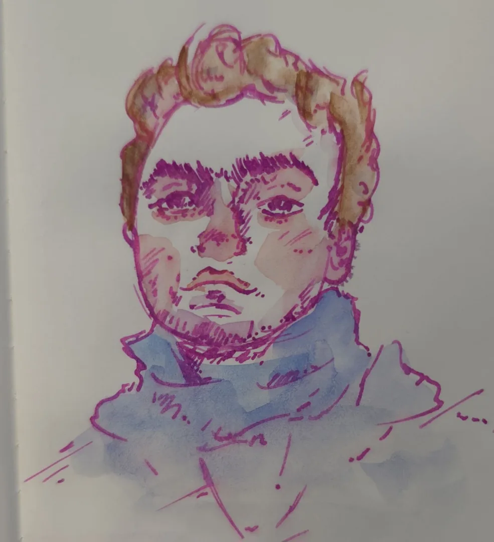 A watercolor sketch of a man with curly hair and a beard, drawn with purple and brown outlines and blue shading on his…