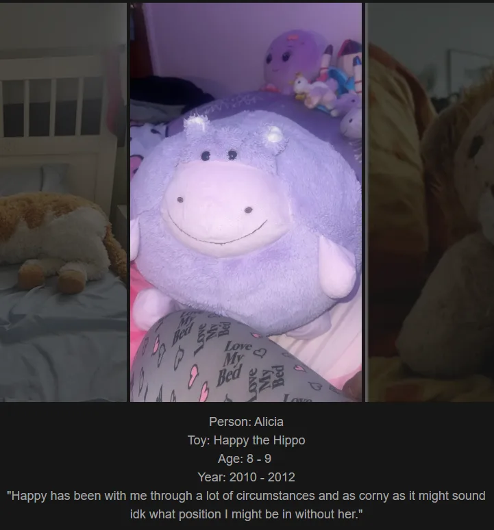 A photo collage shows a large purple hippo plush toy named 'Happy' resting on a bed with 'Love My Bed' pajamas, flanked by…