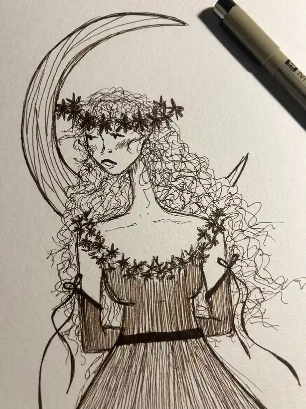 A hand-drawn illustration on white paper shows a stylized female figure with long, curly hair adorned with star-shaped…