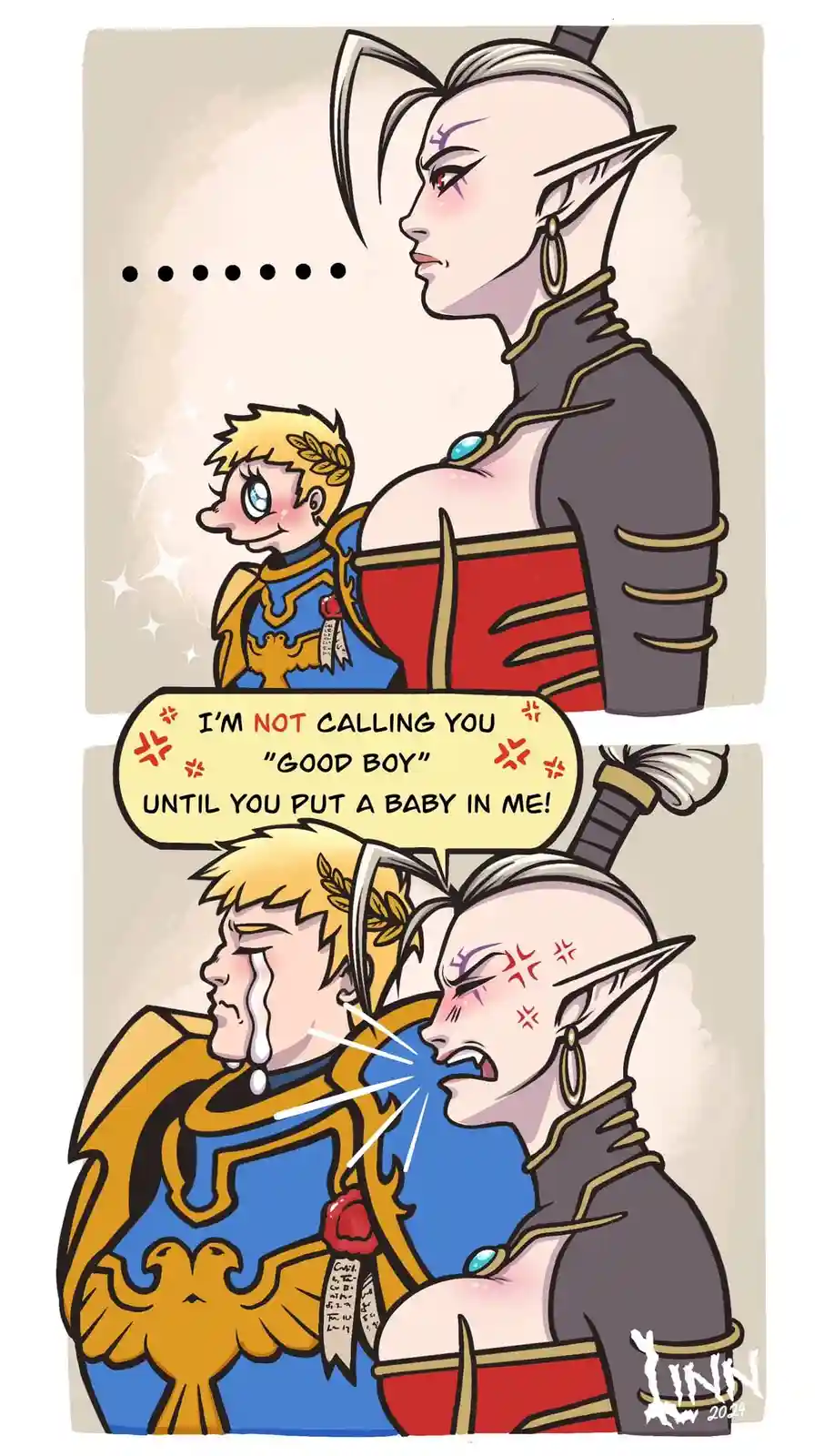 A two-panel comic shows a stern, elf-like woman with pointed ears and tattoos confronting a crying, blonde-haired man in…