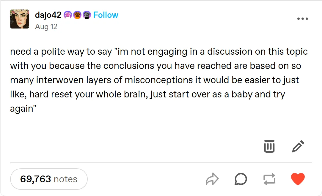 A screenshot of a Tumblr post by user 'dajo42' dated August 12, showing a long text asking for a polite way to disengage…
