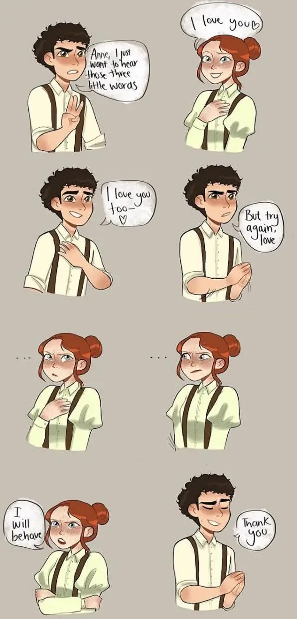 A six-panel comic strip featuring two characters, a boy and a girl, in a romantic interaction. The boy asks the girl to say…