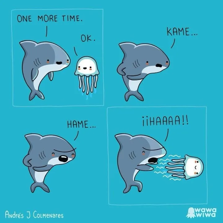 A four-panel comic shows a cartoon shark repeatedly asking a jellyfish to say 'kame' and 'hame' before finally blowing it…