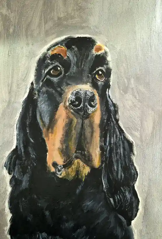A painted portrait of a black dog with long, floppy ears and tan markings around its muzzle and eyebrows, set against a…