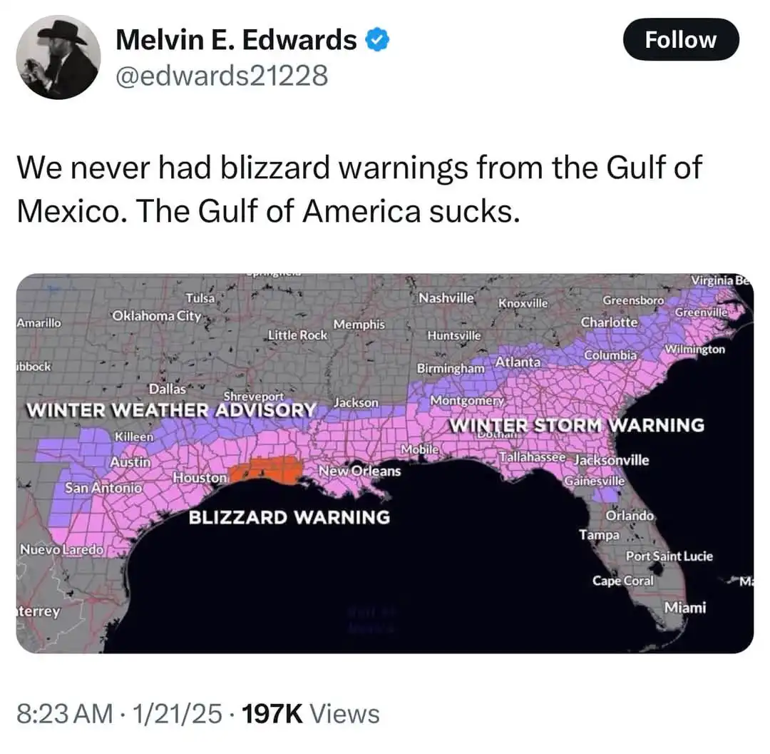 A weather map shows winter storm warnings and blizzard warnings covering the southeastern United States, including areas…