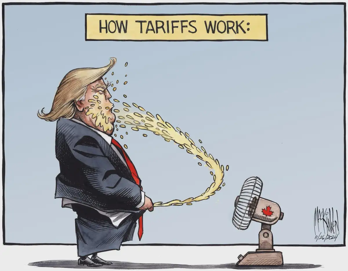 A cartoon depicts a caricature of Donald Trump blowing a stream of gold coins from his mouth toward a small fan with a…