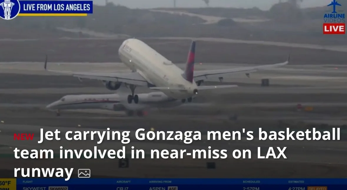A news broadcast image shows a Delta airplane tilted upward on a runway, with another plane visible below it. The overlay…