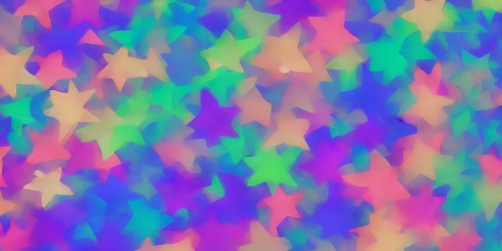 The image displays a vibrant, abstract background filled with overlapping, blurred star shapes in a rainbow of colors…