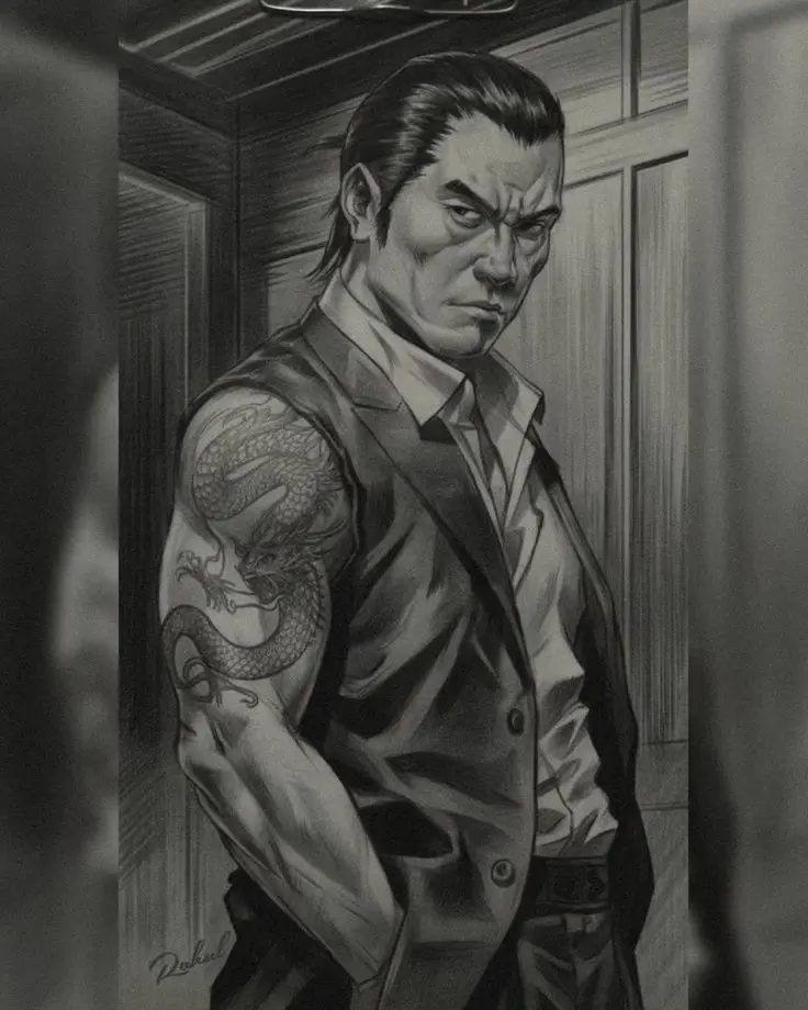 A black-and-white pencil drawing of a stern-looking man with a dragon tattoo on his left arm, wearing a vest over a collared…