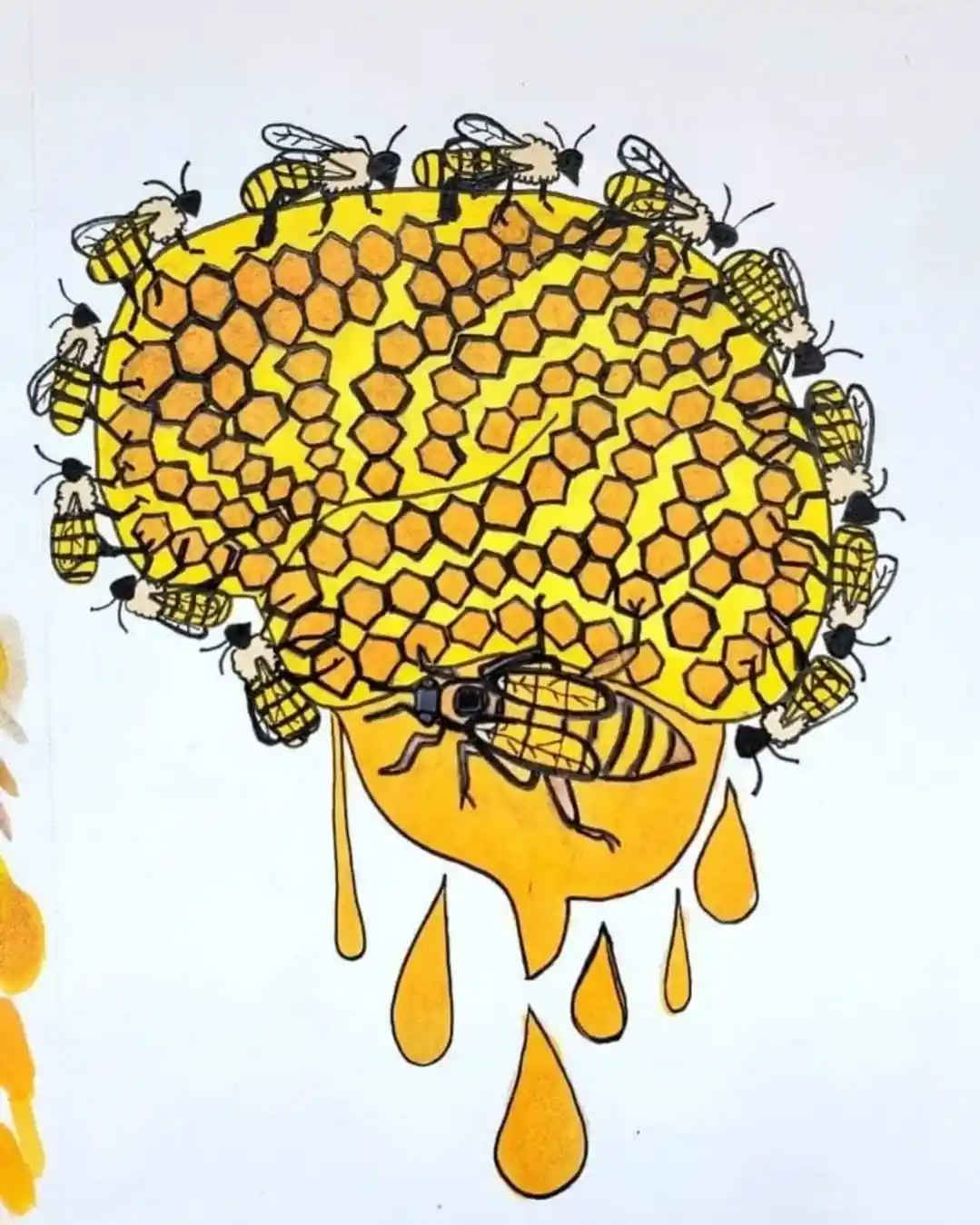 A cartoon drawing shows a human brain shaped like a honeycomb, covered with bees, with honey dripping from the bottom. The…