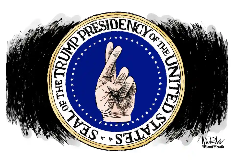 A cartoon illustration shows a circular seal resembling the U.S. presidential seal, but with the central eagle replaced by a…