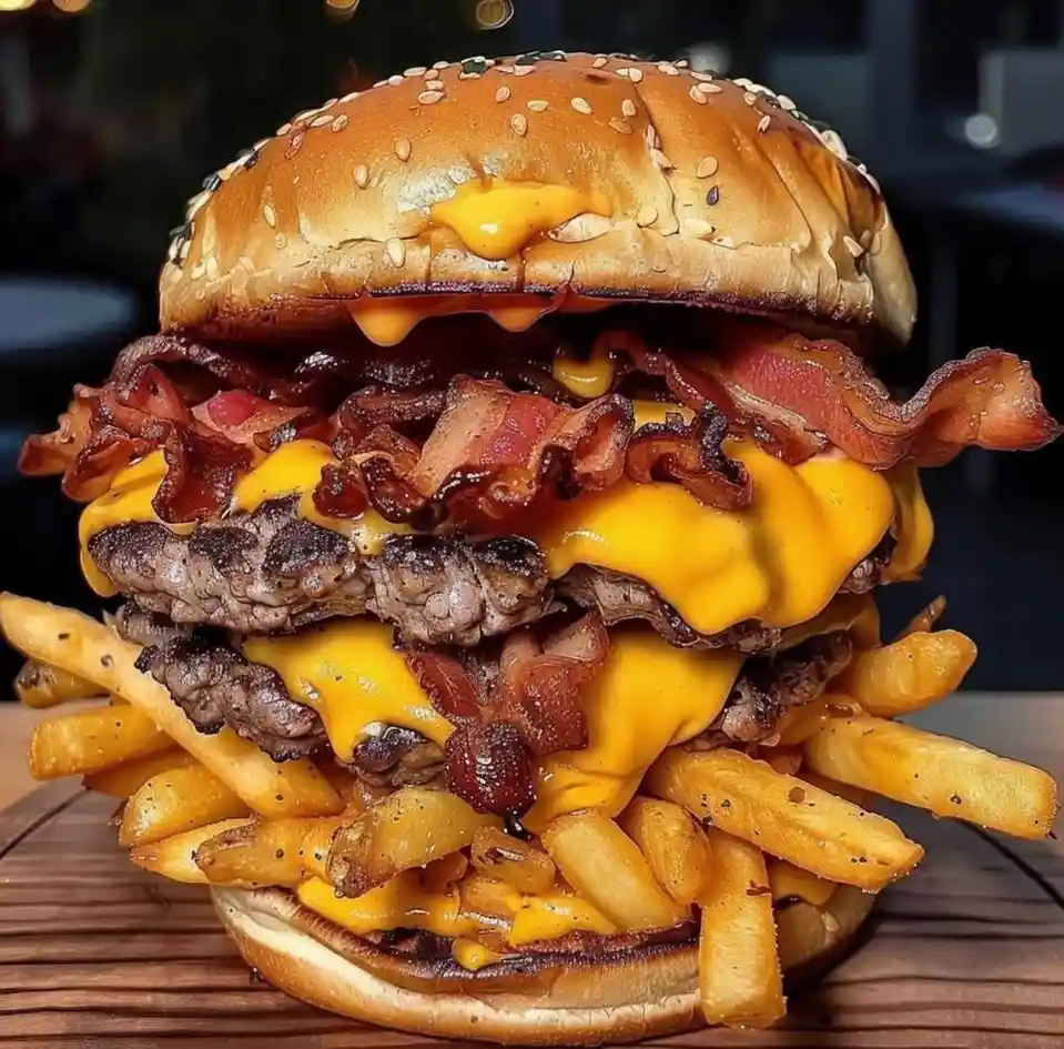 A visually exaggerated, towering burger with multiple beef patties, melted yellow cheese, crispy bacon, and french fries…