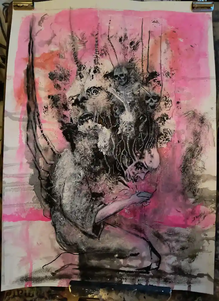 A dark, abstract painting depicts a grotesque, demonic-looking figure with multiple skulls and horns, set against a vibrant…