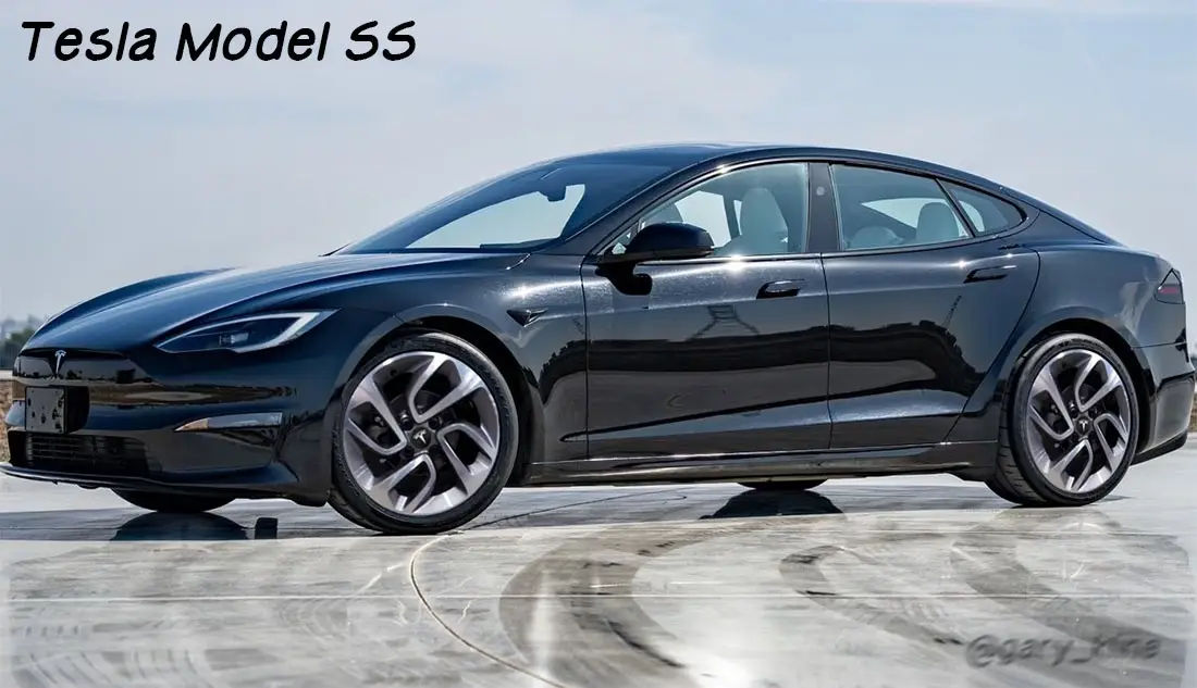 A sleek black Tesla Model S sedan is shown in profile on a paved surface, with visible tire marks suggesting performance…