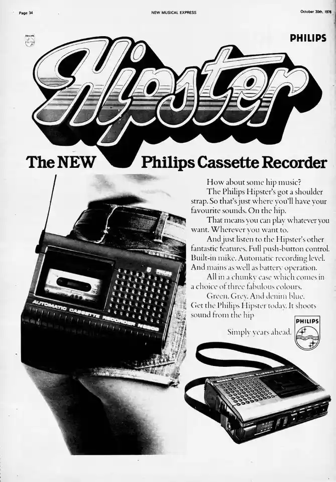A vintage 1978 Philips advertisement for the 'Hipster' cassette recorder, featuring a person wearing the device on their hip…