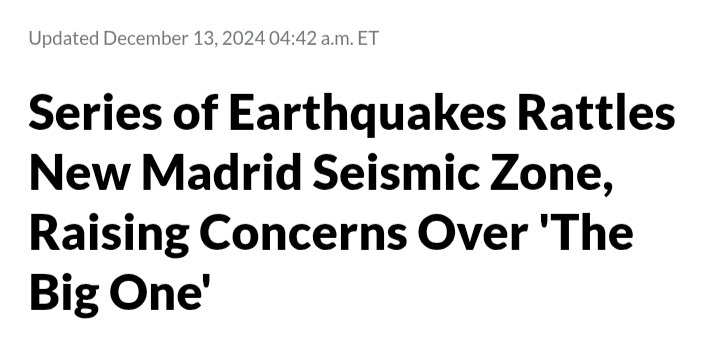 A screenshot of a news headline in bold black text on a white background, reading 'Series of Earthquakes Rattles New Madrid…