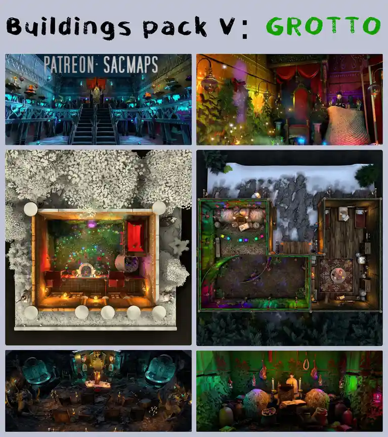 A collage of six fantasy-themed building interiors and layouts, including a grand hall with glowing blue lights, a cozy…