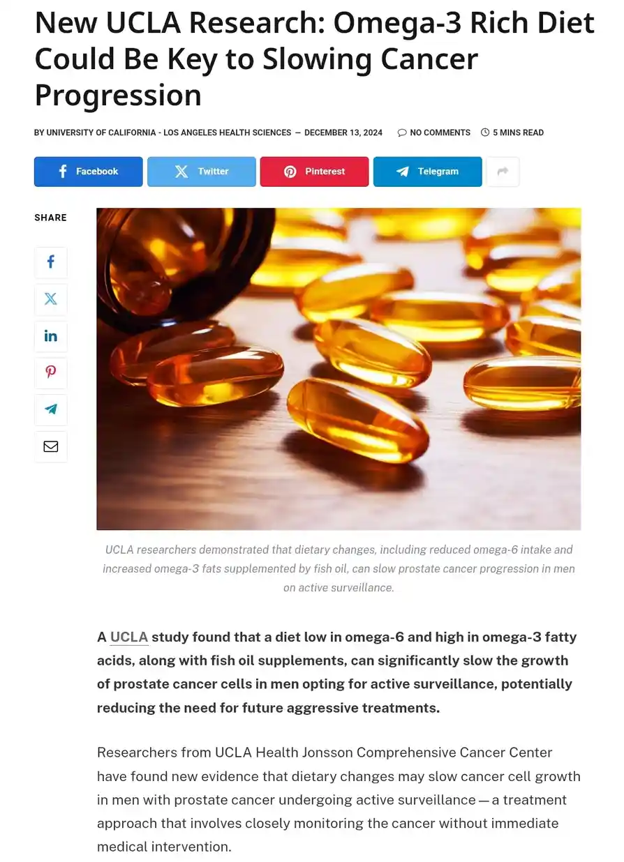 An image of spilled omega-3 fish oil capsules on a wooden surface is overlaid with a news article headline claiming UCLA…