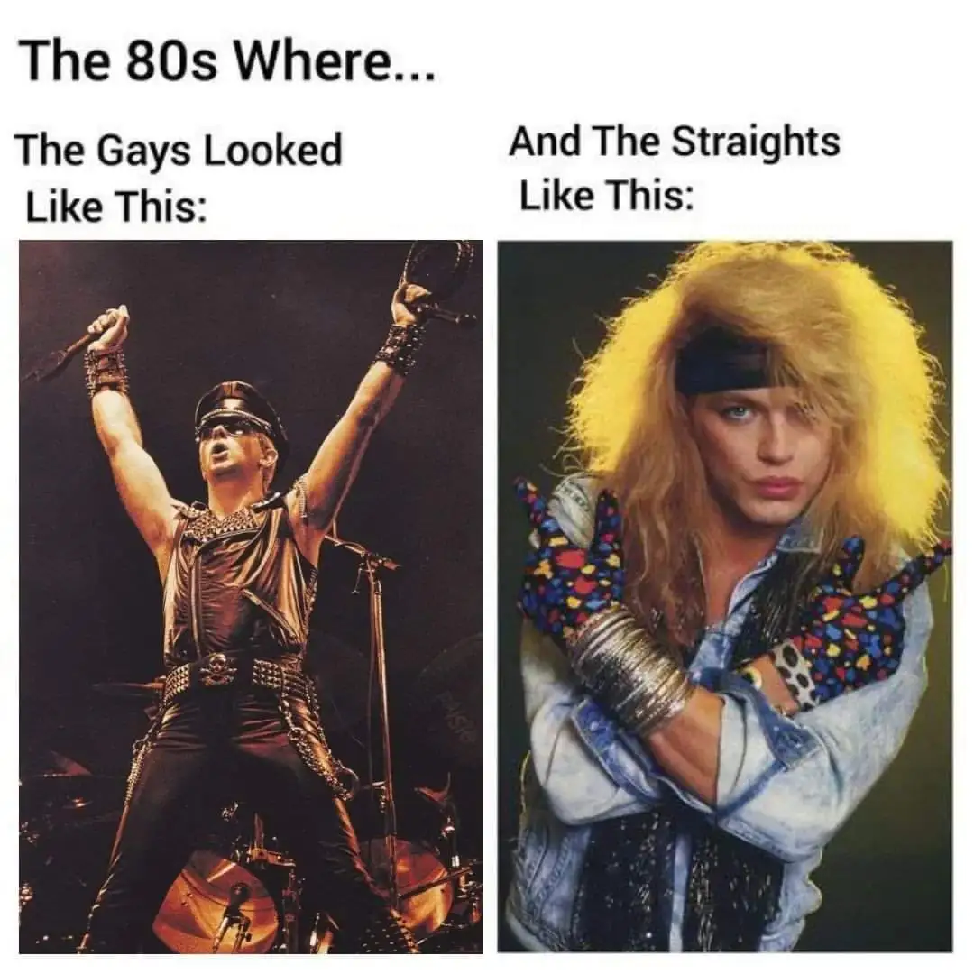 The image is split into two panels. The left panel shows a man in a leather outfit with sunglasses and arms raised, labeled…