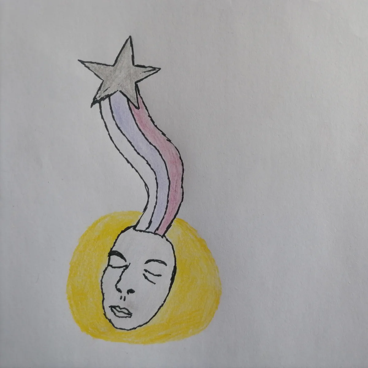 A hand-drawn image shows a stylized human face with closed eyes, set against a yellow circular background, with a star and a…