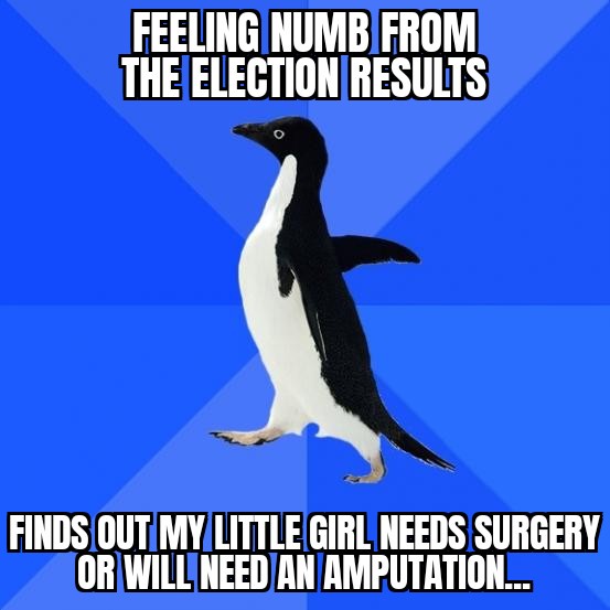 A black-and-white penguin stands against a blue background with diagonal stripes. The top text reads 'FEELING NUMB FROM THE…