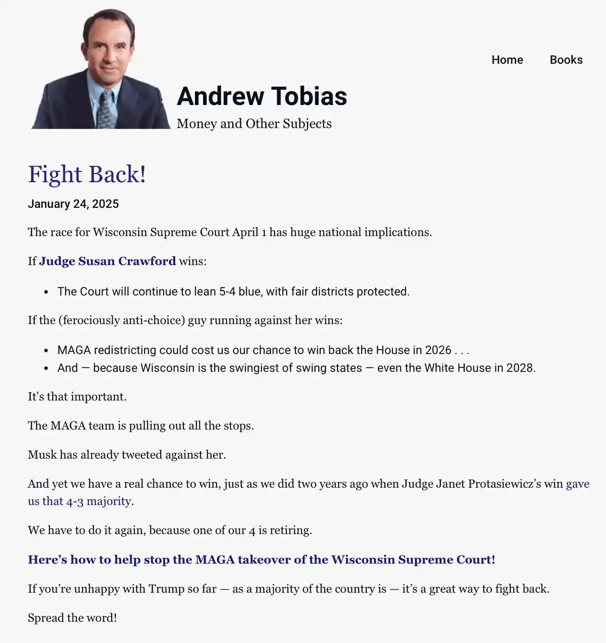 A screenshot of a blog post by Andrew Tobias titled 'Fight Back!' dated January 24, 2025, discussing the importance of the…